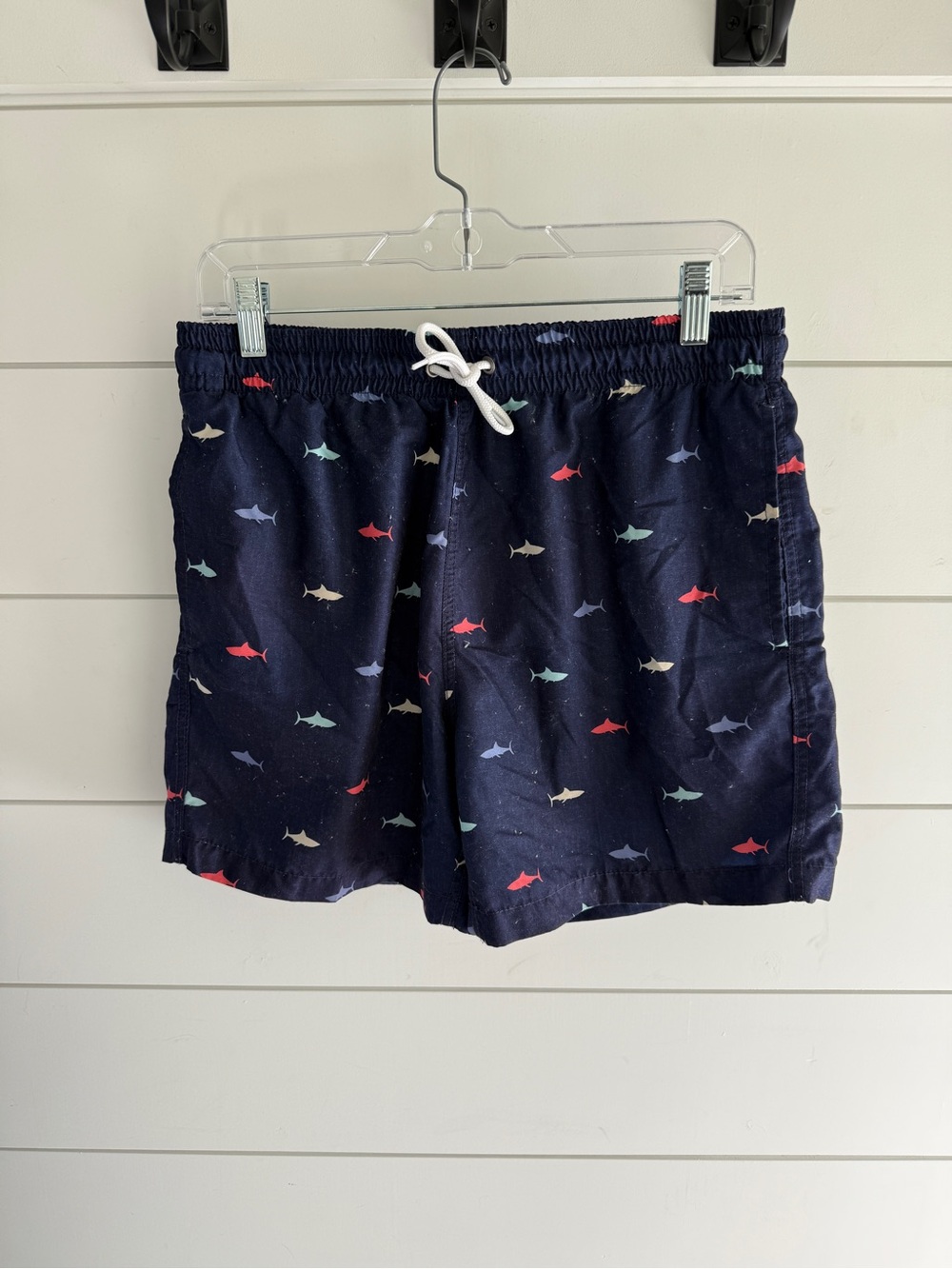 Men's Navy Shark-Print Swim Trunks with Drawstring